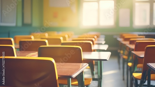 Classroom interior with empty tables and chairs.