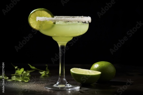  a lime margarita with a slice of lime on the rim and a lime wedge on the rim of the glass.