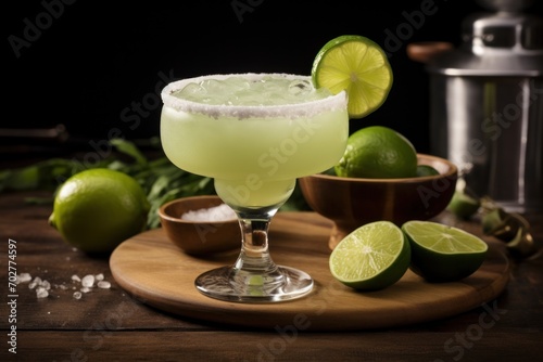  a margarita sitting on top of a wooden table next to a bowl of limes and a cocktail shaker.