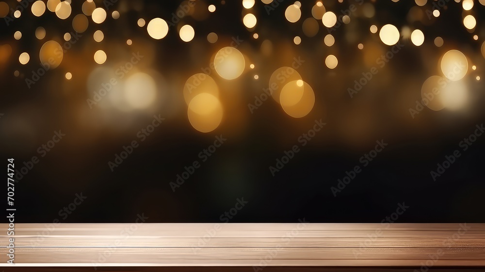 Empty wooden table and bokeh golden lights background. Empty wooden table and bokeh golden lights background.