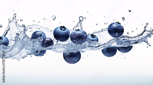 Fresh and delicious blueberry fruits and water splashing isolated on white background, close up shot.