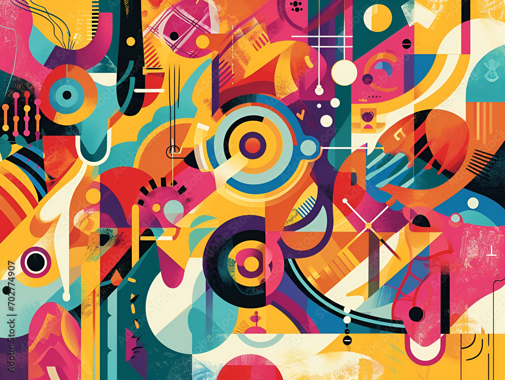 Fototapeta premium painting in abstract style with vibrant colors and illustrations, scattered composition, abstract organic shapes, dripping paint, colorful abstract composition