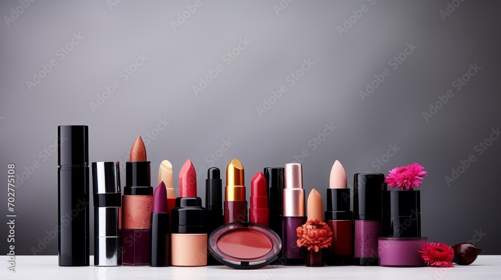 Variety of make-up products on white background Variety of make-up products on white background