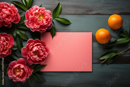 Mockup blank paper greeting card with peony flower and mandarin orange symbol of prosperity on wood backdrop, Chinese new year background. photo
