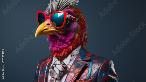A studio portrait of a funky rooster wearing Glasses