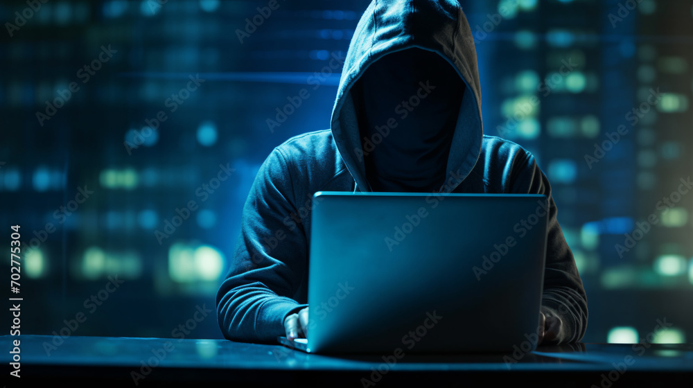 Obraz na płótnie A hacker or scammer using laptop computer on night cityscape background, phising, online scam and cybercrime concept. w salonie