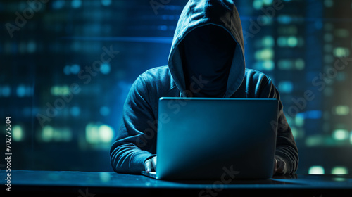 A hacker or scammer using laptop computer on night cityscape background, phising, online scam and cybercrime concept. photo