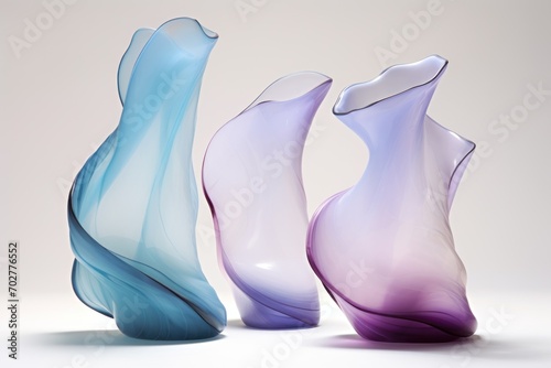  a group of three vases sitting next to each other on a white surface in front of a gray background.