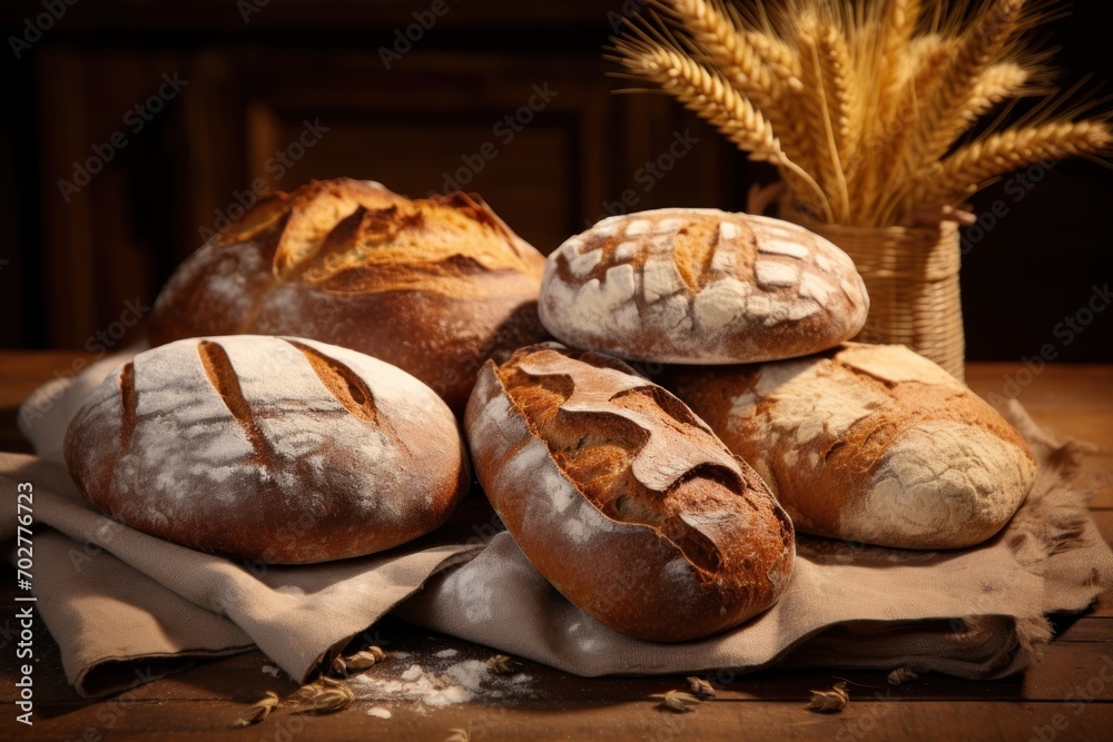  a bunch of loaves of bread sitting on top of a piece of paper on a table next to a basket of wheat.