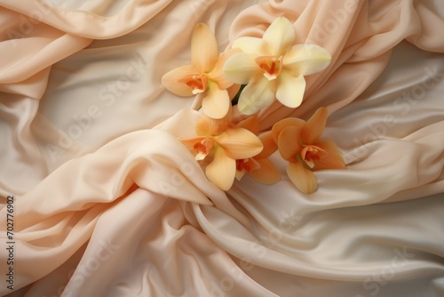  a bunch of flowers that are laying on a sheet of satin material on a bed or bed sheet with a drape in the background.