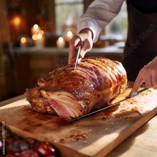 roast pig pork being cut for dinner.