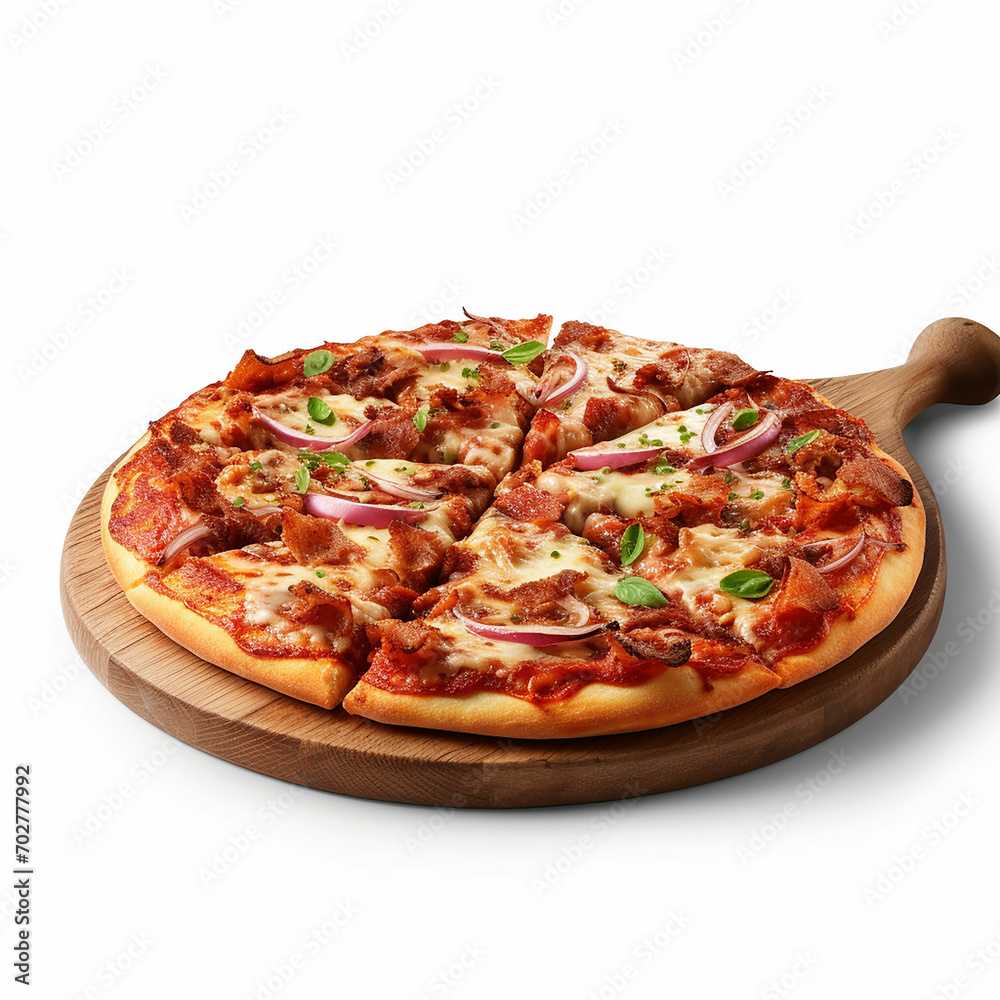 Spicy delicious pizza on wooden table on empty white background Spicy delicious pizza on wooden table on empty white background