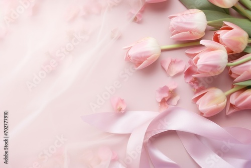  a bouquet of pink tulips on a pink background with a pink satin ribbon and a pink background with pink tulips.