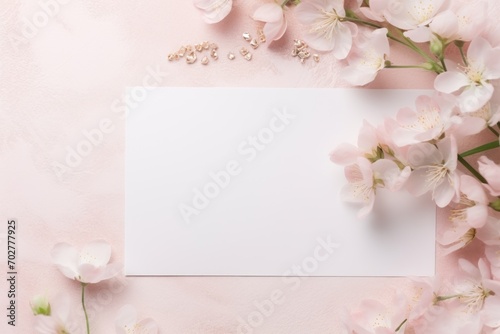  a white card surrounded by pink flowers on a light pink background with space for a message or a greeting card.