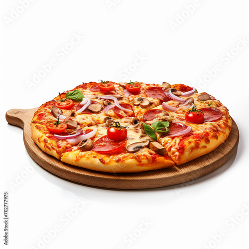 Spicy delicious pizza on wooden table on empty white background