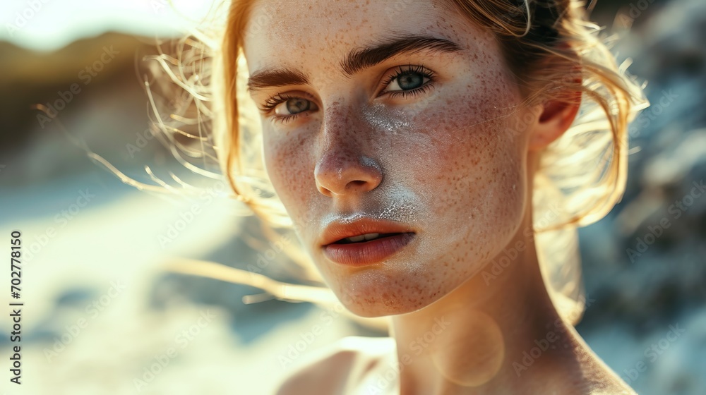 Portrait of a serene Caucasian woman with freckled skin bathed in natural sunlight, embodying pure beauty. Close-up on a 20s young female model looking at camera Portrait of a serene Caucasian woman with freckled skin bathed in natural sunlight, embodying pure beauty. Close-up on a 20s young female model looking at camera