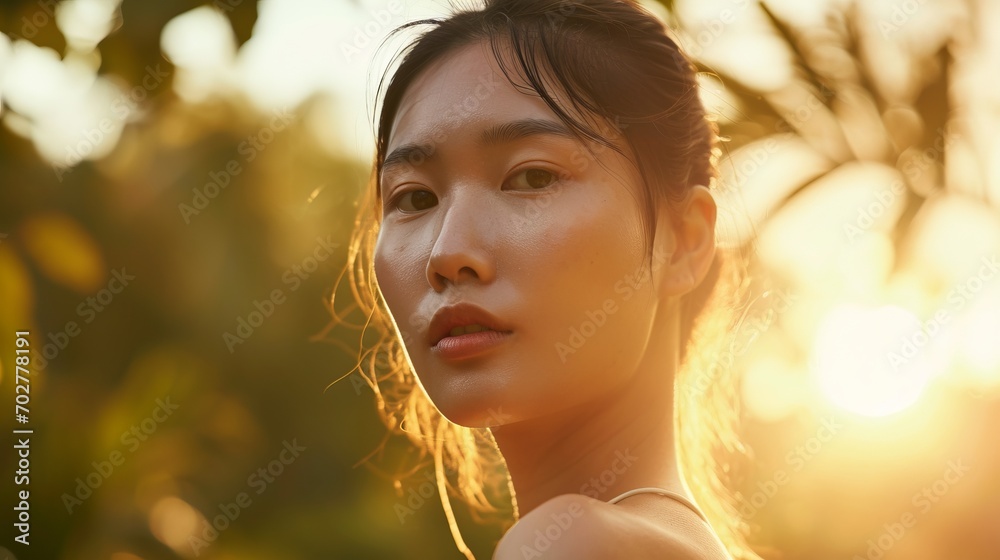 Portrait of a young Asian woman showcasing radiant skincare and natural ...