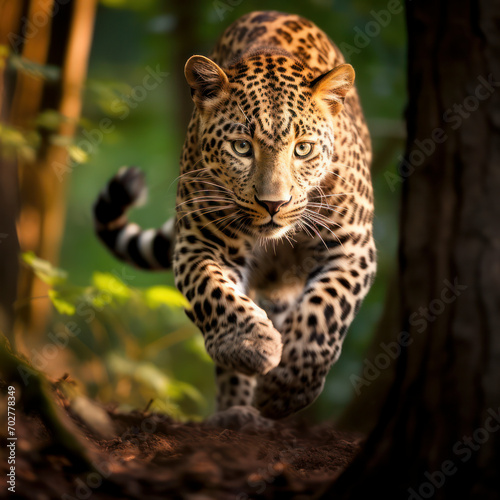 leopard sneaking through forest. © mindstorm