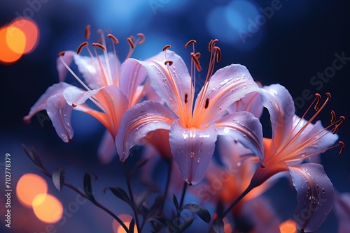  a close up of a bunch of flowers with drops of water on them and blurry lights in the background.