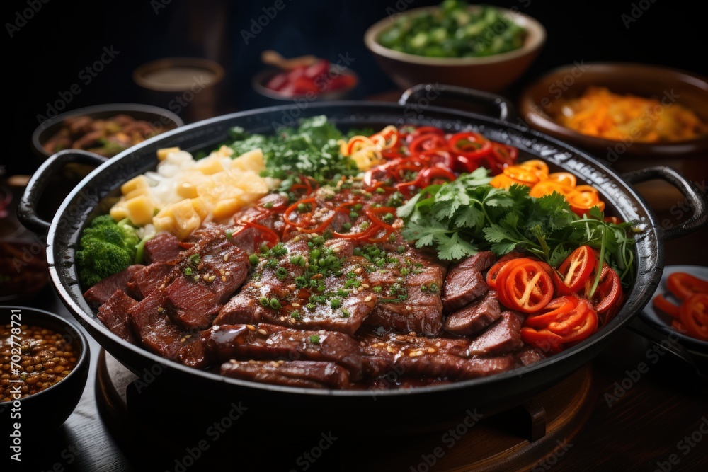  a platter of meat, vegetables, and other foods on a table with bowls of salads and condiments.