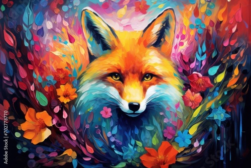  a painting of a fox with colorful flowers on it's head and a blue sky in the back ground.