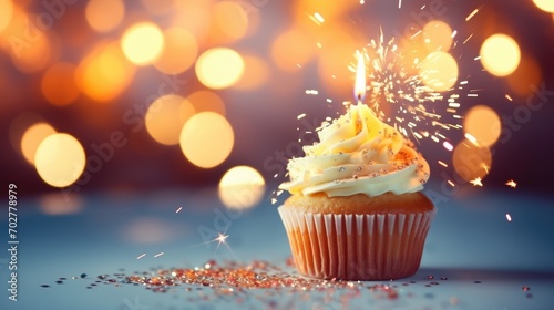 Birthday cake celebration festive cupcake with candle on blurred background with bokeh, space for text