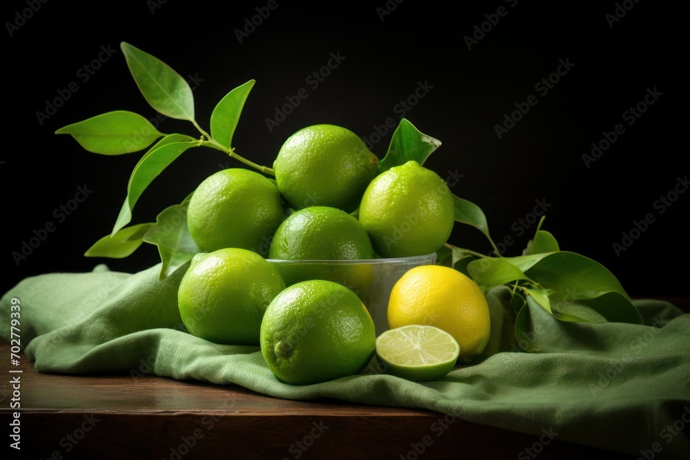  a glass bowl filled with lemons and limes on top of a green cloth on top of a wooden table.