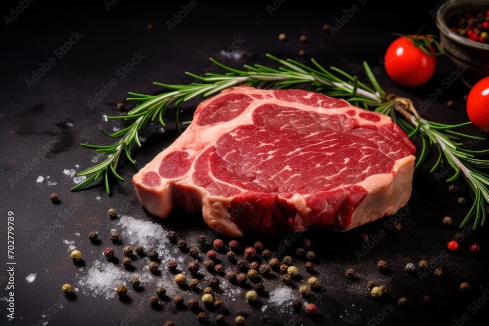  a piece of meat sitting on top of a table next to a bowl of tomatoes and a sprig of rosemary.