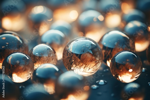  a group of shiny glass balls sitting on top of a blue surface with drops of water on top of them.