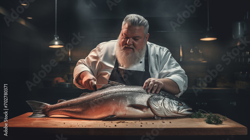 The kindly fat chef is cutting big salmon
