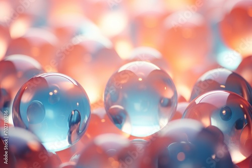  a bunch of soap bubbles sitting on top of a pile of red and blue balls on top of each other.