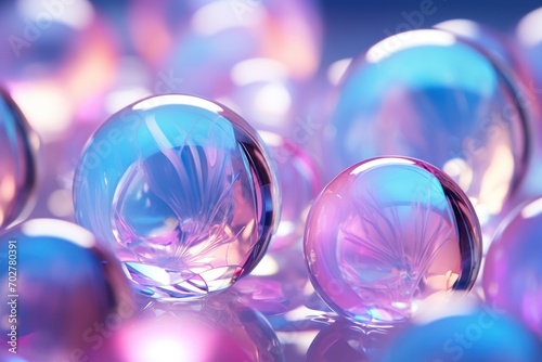  a bunch of glass balls sitting on top of each other in the middle of a blue, pink, and purple background.