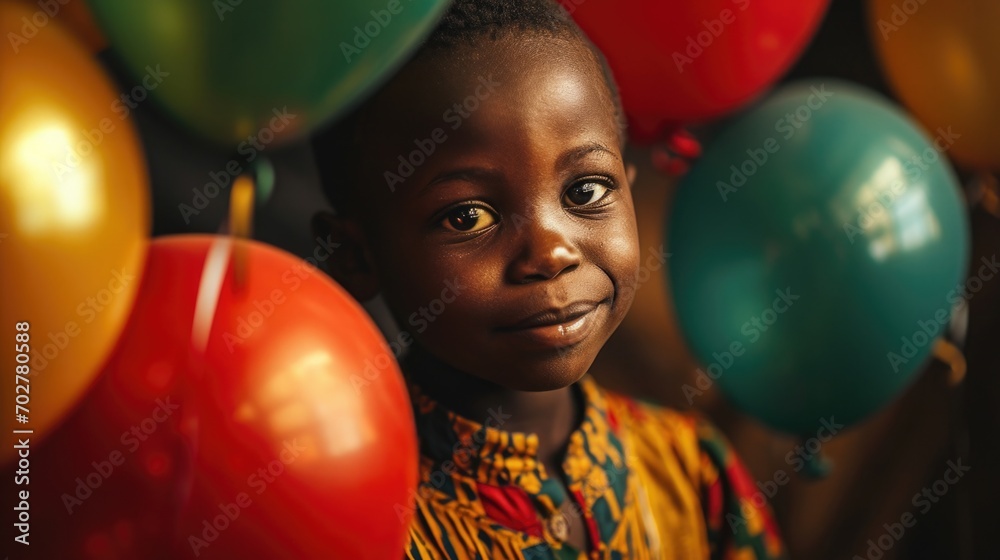  Black history month concept. Cute african boy with red, green and yellow balloons on black background. Panafrican color. - obrazy, fototapety, plakaty 