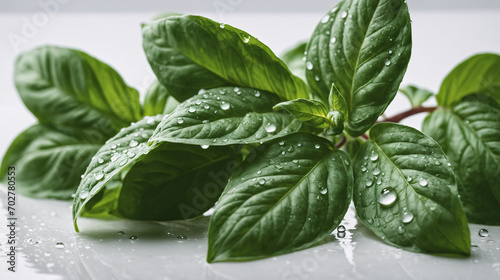 Close up view of fresh Basil (Ocimum basilicum) covered with water droplets placed on white textured surface