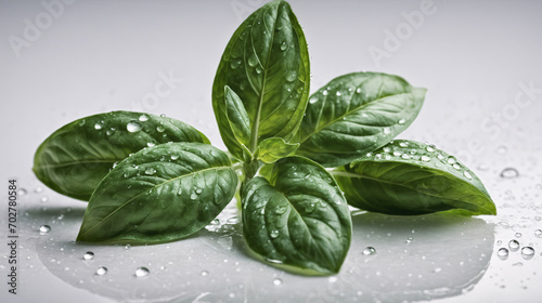 Close up view of fresh Basil (Ocimum basilicum) leaf covered with water droplets placed on white textured surface