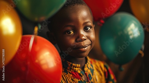  Black history month concept. Cute african boy with red, green and yellow balloons on black background. Panafrican color. © Татьяна Креминская