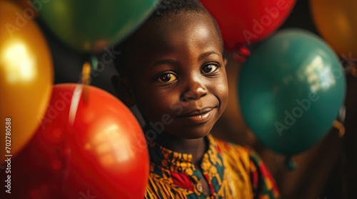  Black history month concept. Cute african boy with red, green and yellow balloons on black background. Panafrican color. photo