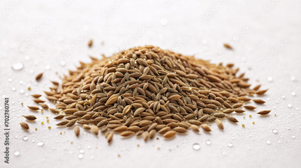 Close up view of fresh Cumin (Cuminum cyminum) covered with water droplets placed on white textured surface Close up view of fresh Cumin (Cuminum cyminum) covered with water droplets placed on white textured surface