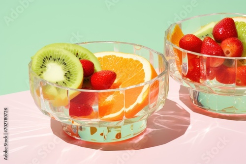  a close up of a bowl of fruit with a slice of kiwi and a kiwi on the side.