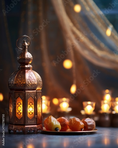 copy space dates  arabic lamps and rosary islamic holidays decoration - generative ai