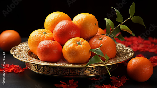 Oranges on a plate with black background