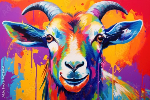  a painting of a goat with colorful paint splatches on it's face and a goat's head.