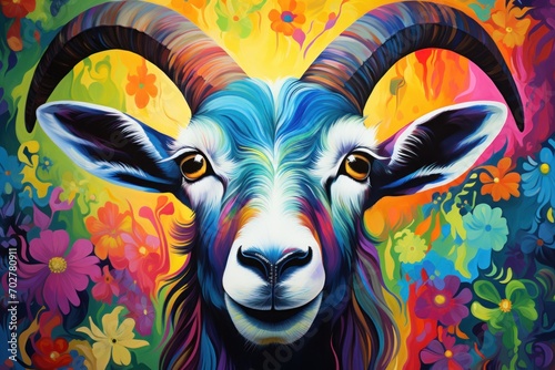  a painting of a goat's face painted in bright colors with flowers on the side of the goat's head.