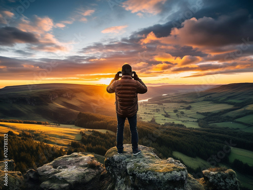 Person standing with camera to capture the stunning vista of a breathtaking, picturesque natural landscape.