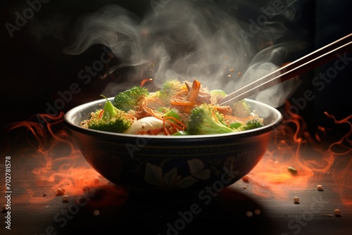  a bowl of stir fry with broccoli and carrots with chopsticks sticking out of the bowl.