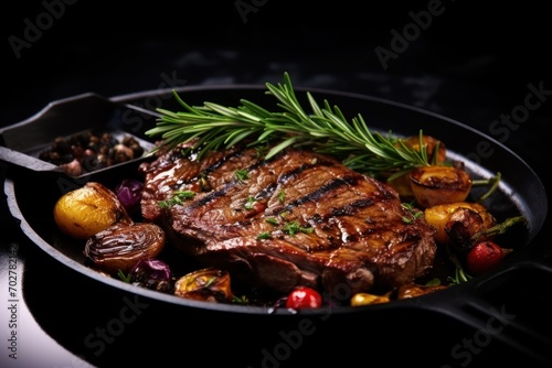  a close up of a steak in a frying pan with potatoes and a sprig of rosemary on top.