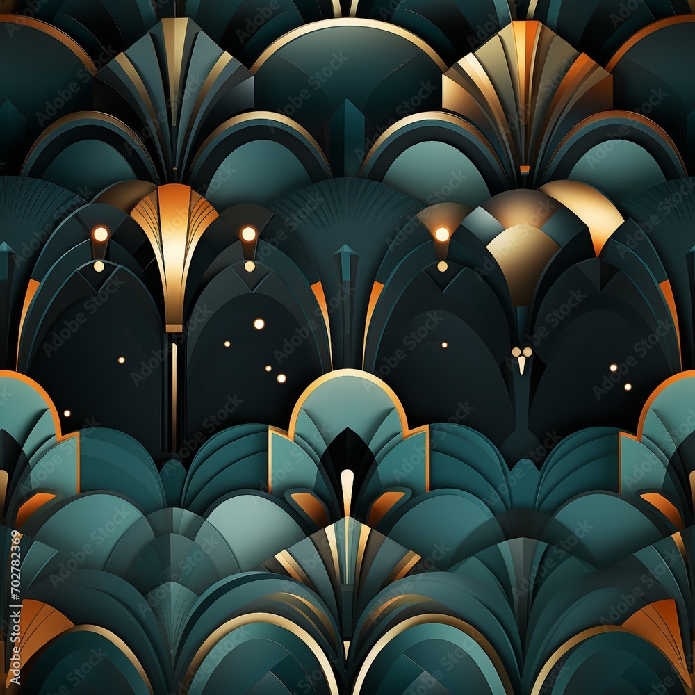 Seamless horizontally and vertically repetitive tile with geometrical flowers and leaves vintage art deco style Seamless horizontally and vertically repetitive tile with geometrical flowers and leaves vintage art deco style