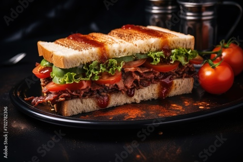  a sandwich with meat, lettuce, tomatoes, and sauce on a black plate with a cup of coffee in the background.