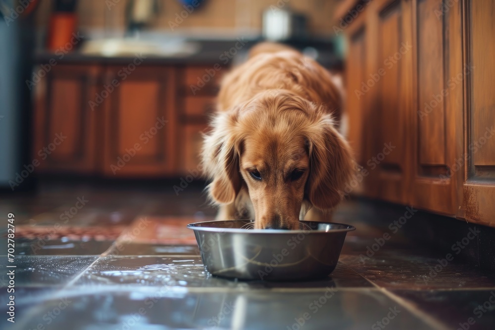 A pet dog in the kitchen drinking water from a chrome metal bowl. - obrazy, fototapety, plakaty 