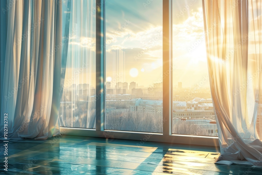 Beautiful view from the window of the city through white translucent curtains at sunset. - obrazy, fototapety, plakaty 